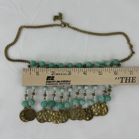 Vintage Multi-Strand Faux Jade Beaded Necklace Brass Discs Art Deco Statement 21 - Picture 6 of 9